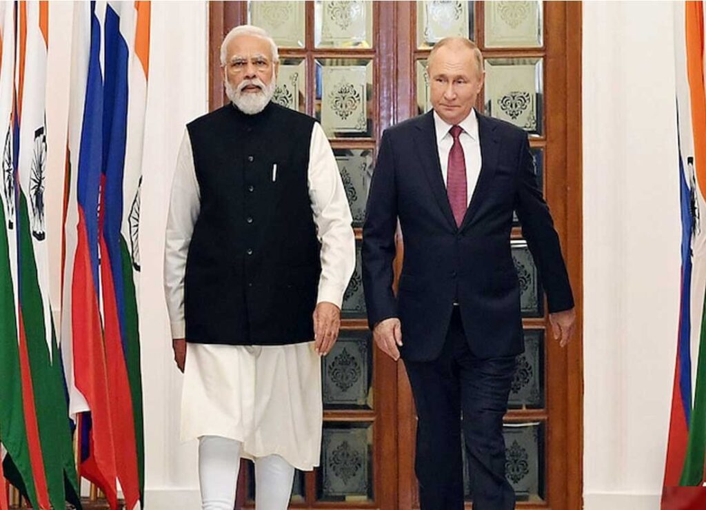 Vladimir Putin addressing a diplomatic meeting in preparation for his visit to India.