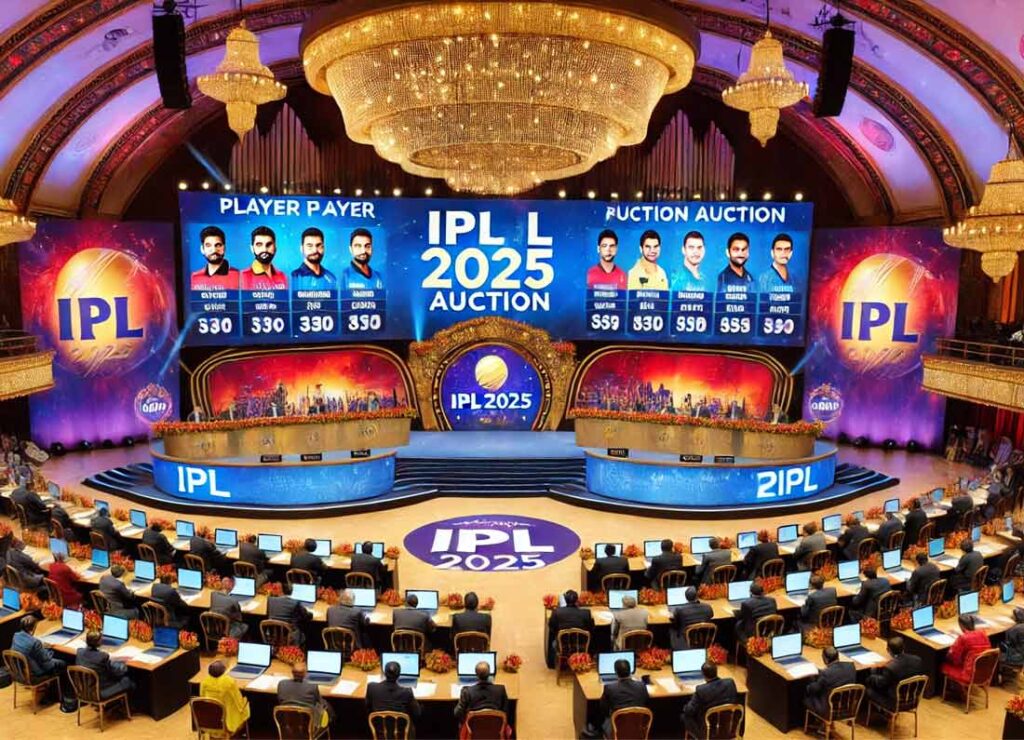 A grand stage setup for the IPL 2025 Auction featuring team banners, large screens displaying player names and bids, and franchise owners seated at round tables.