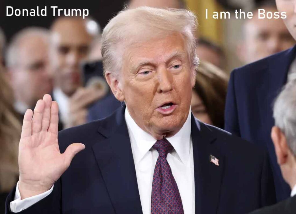 Donald Trump taking the oath of office during his 2025 inauguration, signifying his second term as U.S. President.